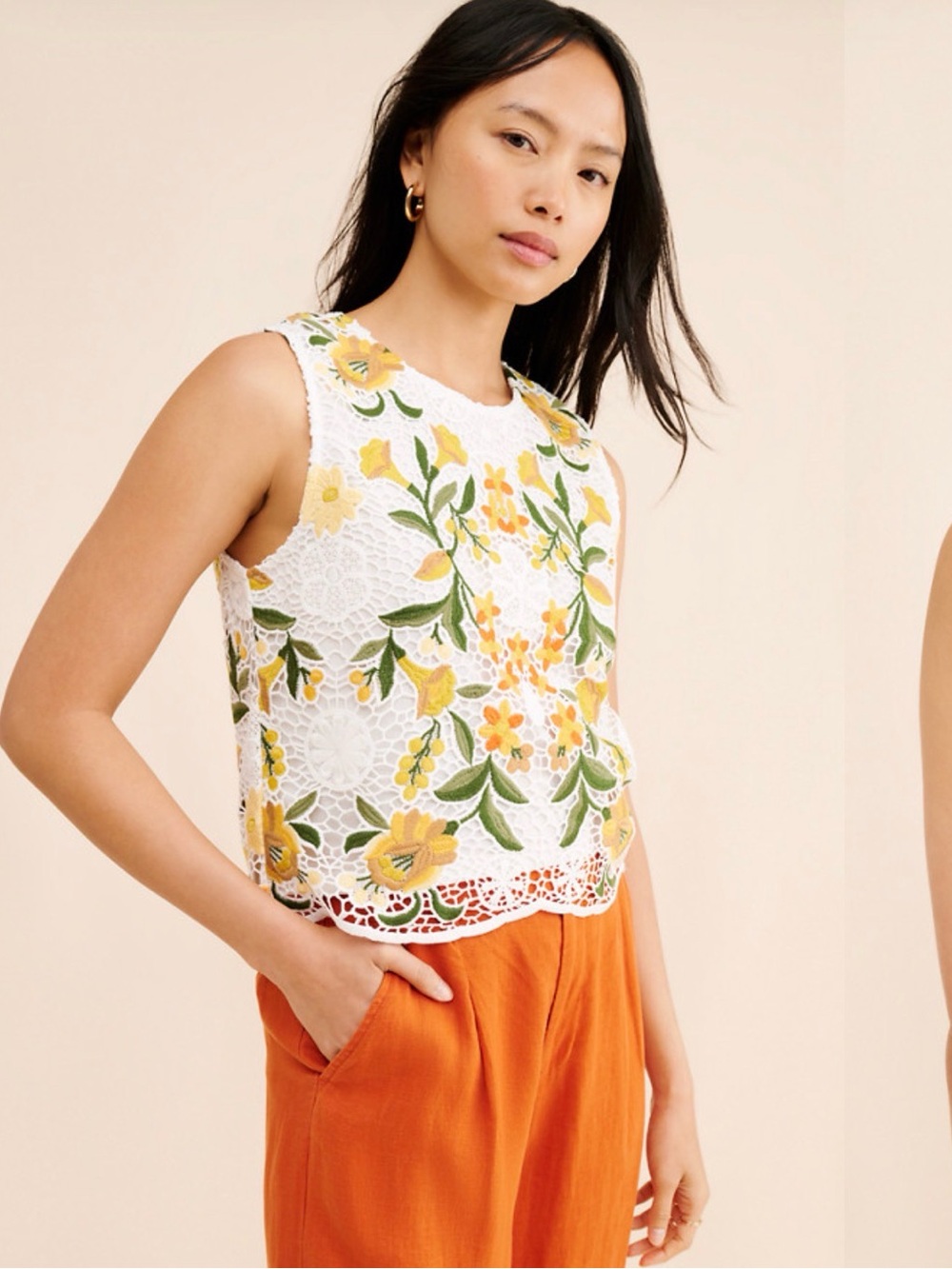 Anthropologie White Lace Camisole with Yellow and Green Floral Embroidery